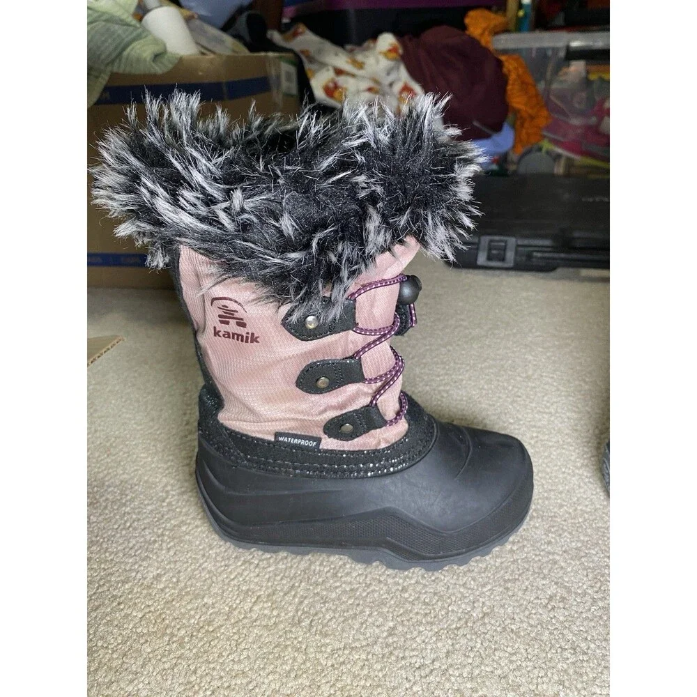 Kamik Kids Pink Black Waterproof Winter Snow Boots Faux Fur Trim Size 11